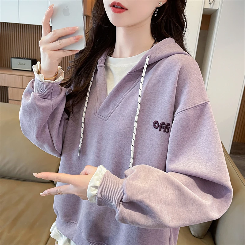 卫衣女韩版假两件设计薄款长袖宽松外套女百搭小众连帽上ins潮