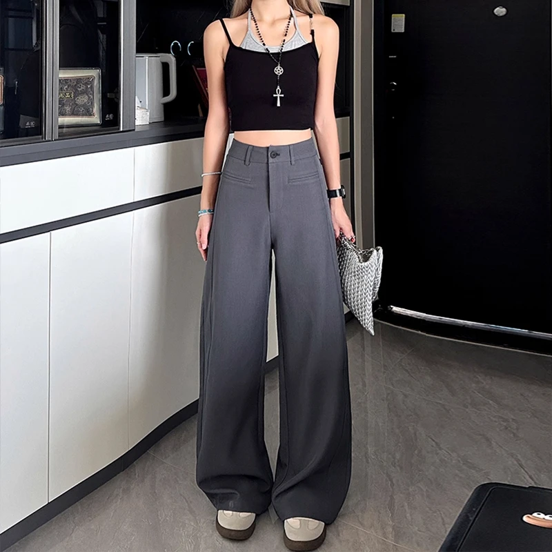 灰色高级感阔腿西装裤女2025夏季薄款高腰宽松显瘦垂感直筒休闲裤