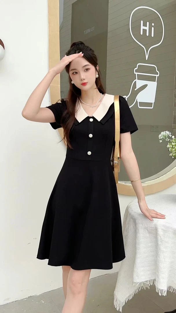 显瘦法式气质辣妈时尚拼接夏季法式小香风连衣裙娃娃领赫本风