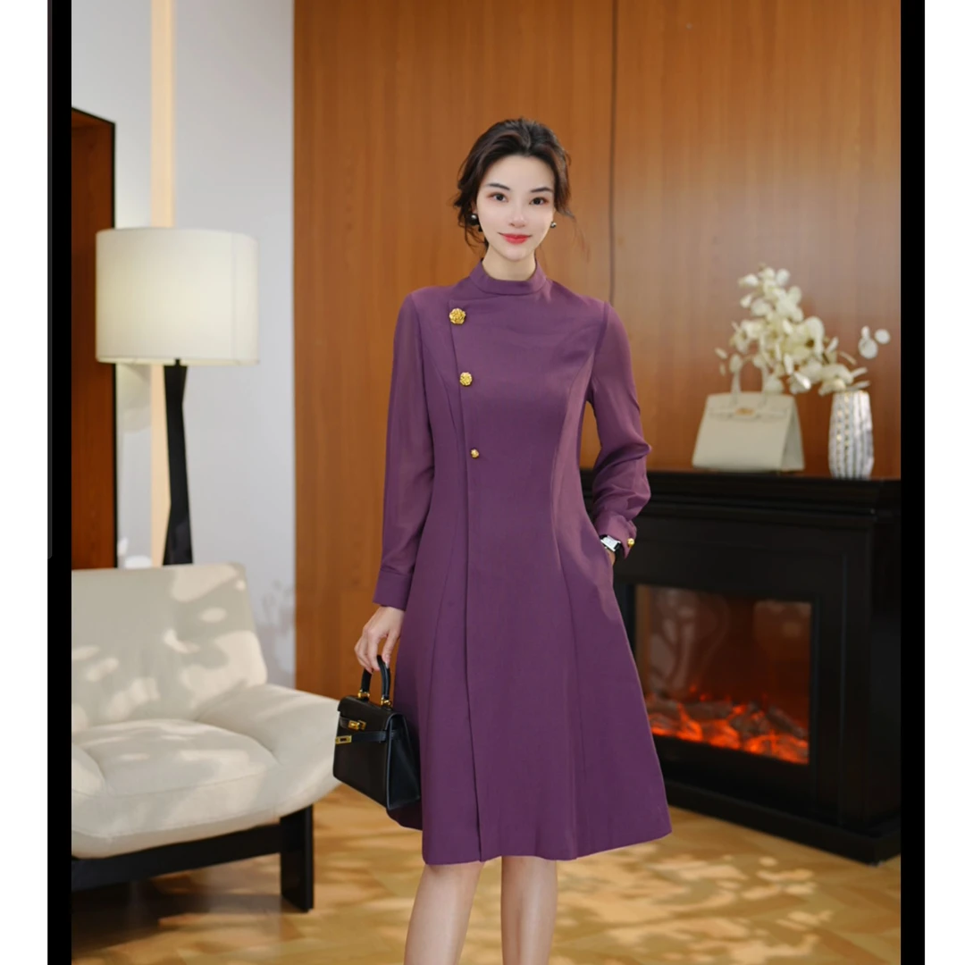 【品牌侧柜】秋季新款不对称纽扣复古修身显瘦a字气质连衣裙