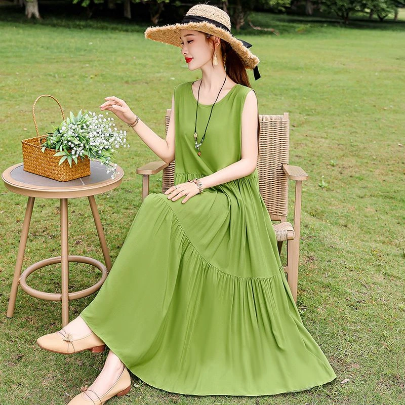 夏新款棉绸度假长裙子碎花长款大码连衣裙无袖气质显瘦吊带沙滩裙