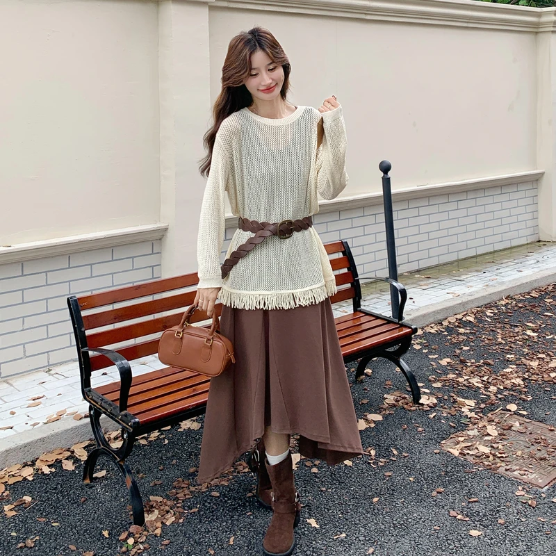 慵懒风镂空流苏罩衫连衣裙套装女2025秋季新款不规则背心裙两件套