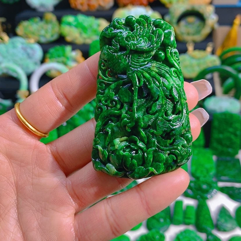 【闪购商品】翡翠颈饰未镶嵌辣绿凤凰牡丹