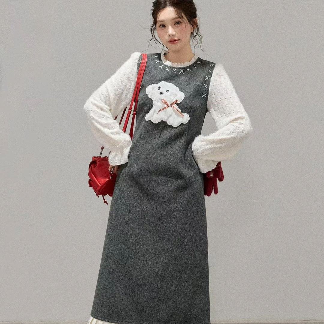 A字甜美可爱风大码女装微胖妹妹灰色小狗毛呢马甲假两件连衣裙