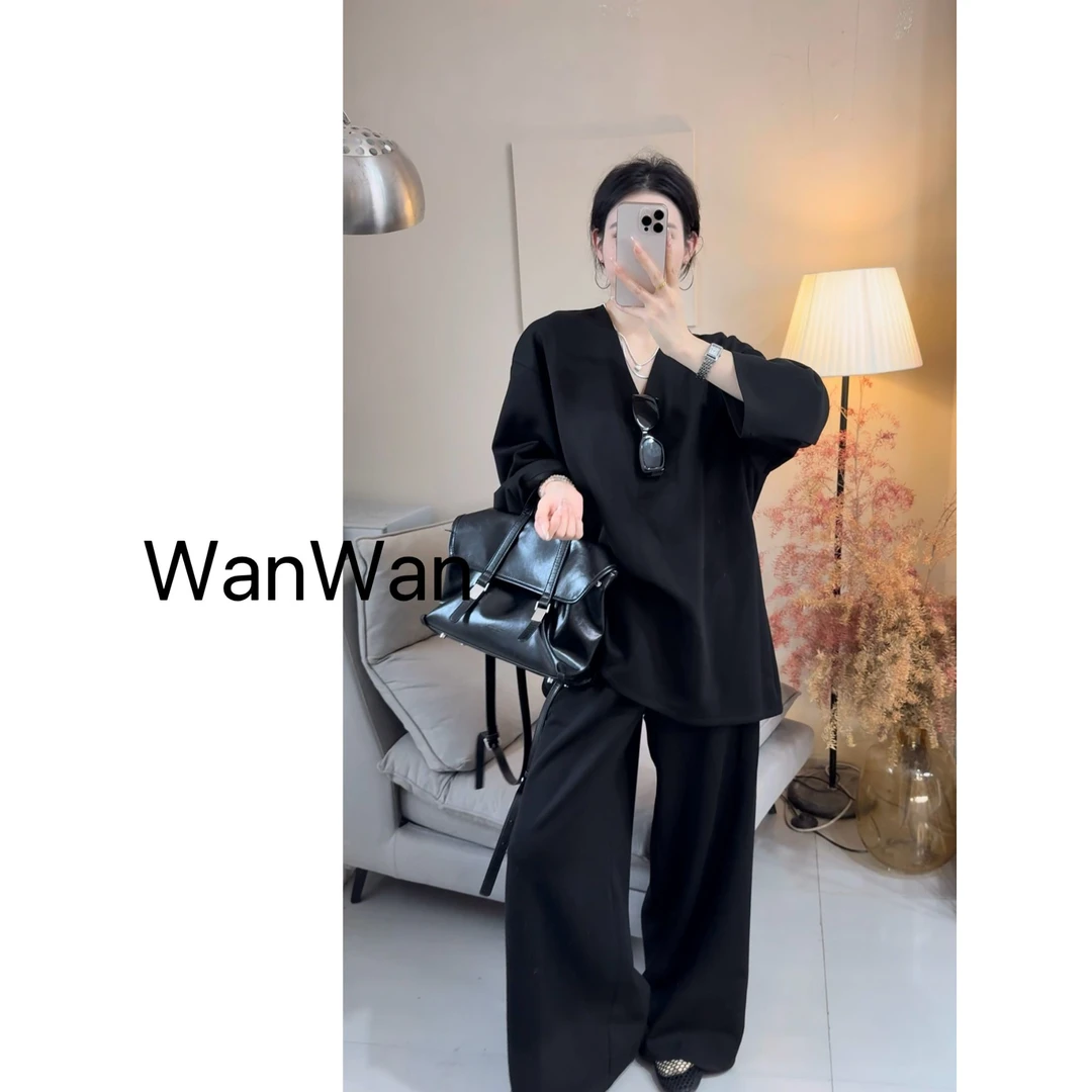 松弛感极简风气质设计V领套头长袖卫衣+休闲宽松阔腿裤两件套女秋