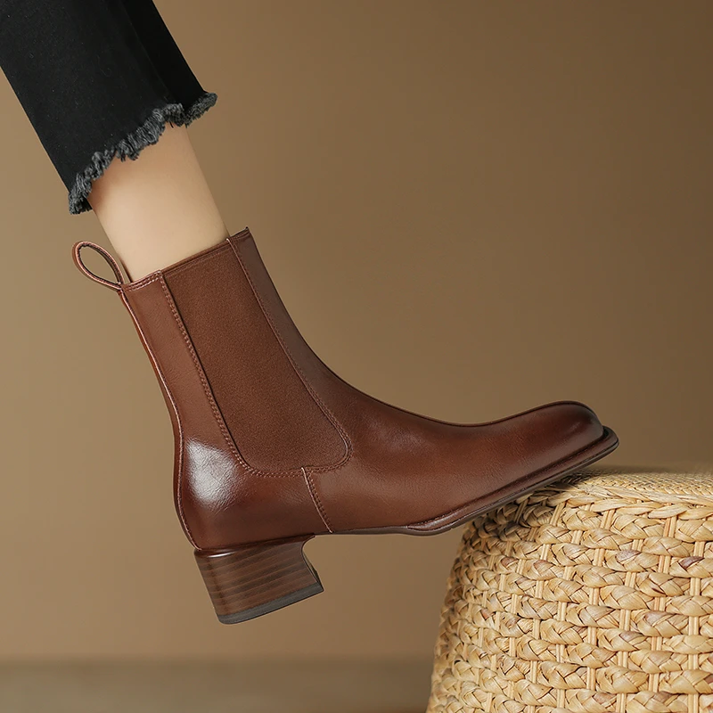 李大龙~牛皮4公分/休闲方头中跟短靴粗跟厚底英伦风时尚瘦瘦靴