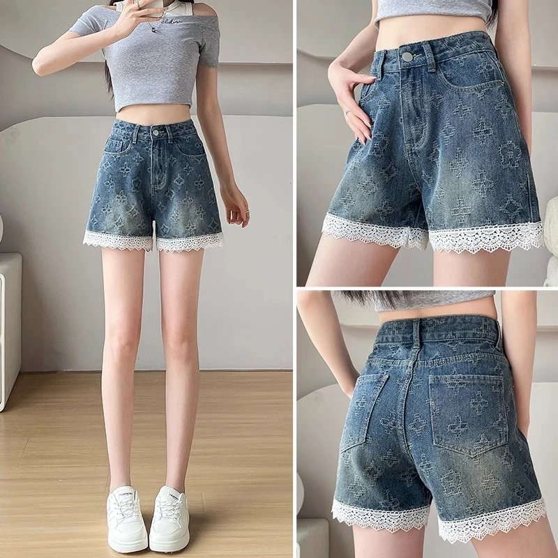 蕾丝花边牛仔短裤女夏季薄款2025新款复古高腰设计感a字阔腿热裤