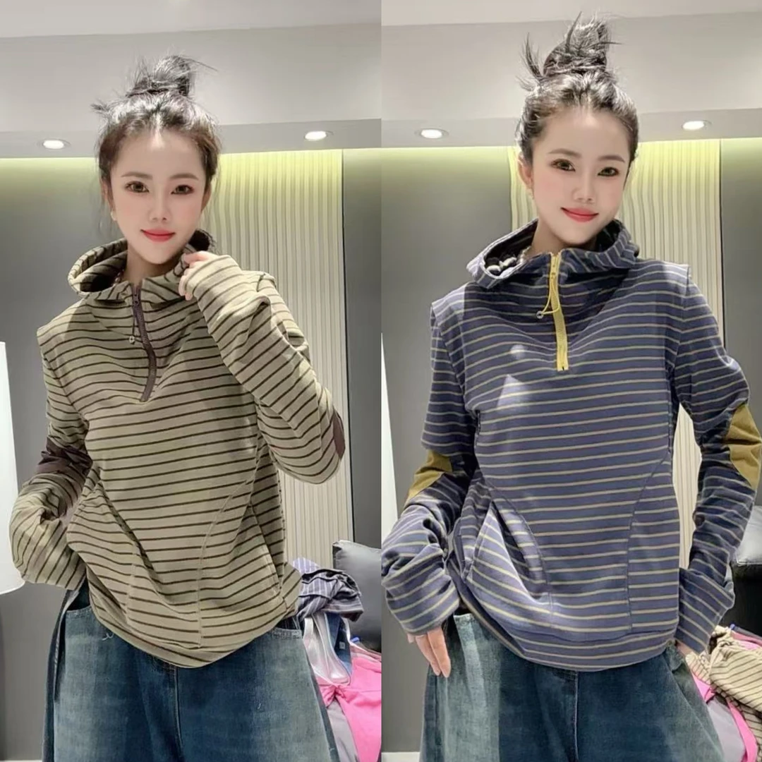 （老三）韩版长袖秋季常规款连帽条纹卫衣磨毛宽松女装显瘦百搭上衣