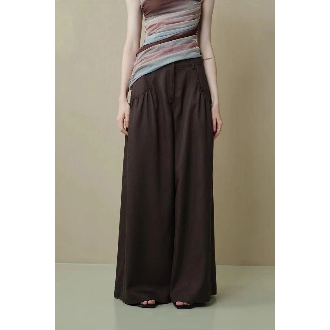 夏季新款复古高级感棕色阔腿裤女高腰垂感宽松透气休闲长裙裤子