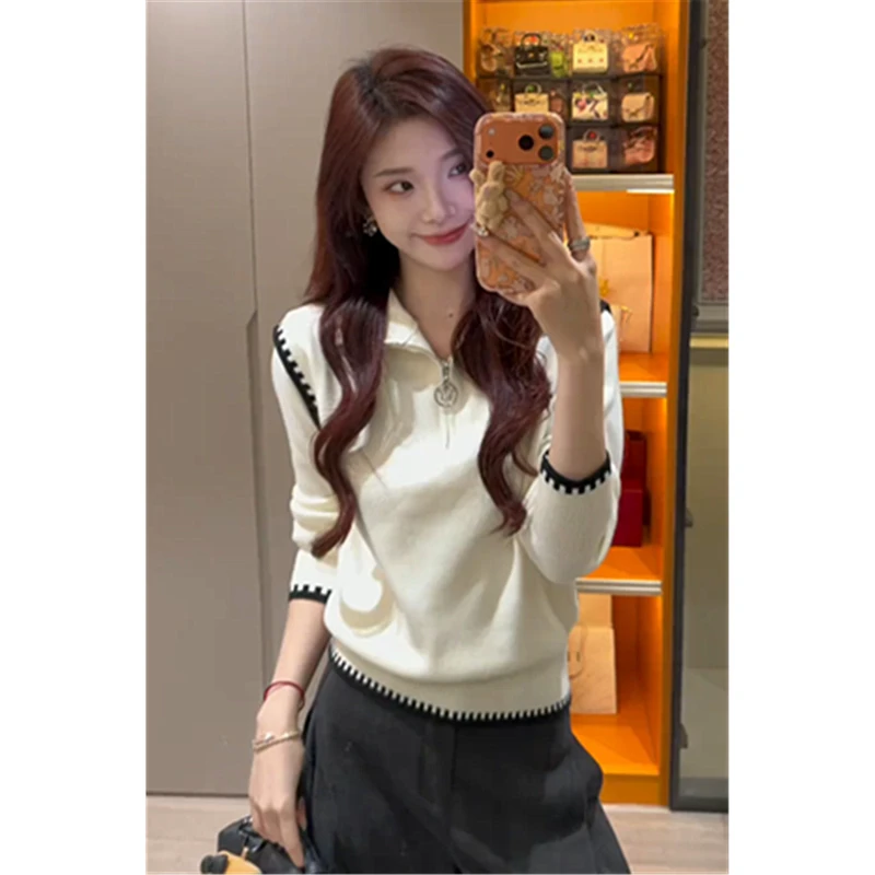 撞色半拉链高领毛衣外套女2025秋冬新款加厚保暖慵懒风针织衫上衣