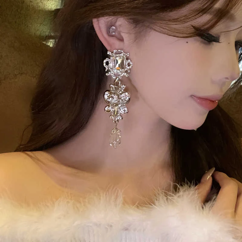 合金仿水晶耳饰 千金派对~重工夸张镶水钻耳环轻奢法式新娘耳饰