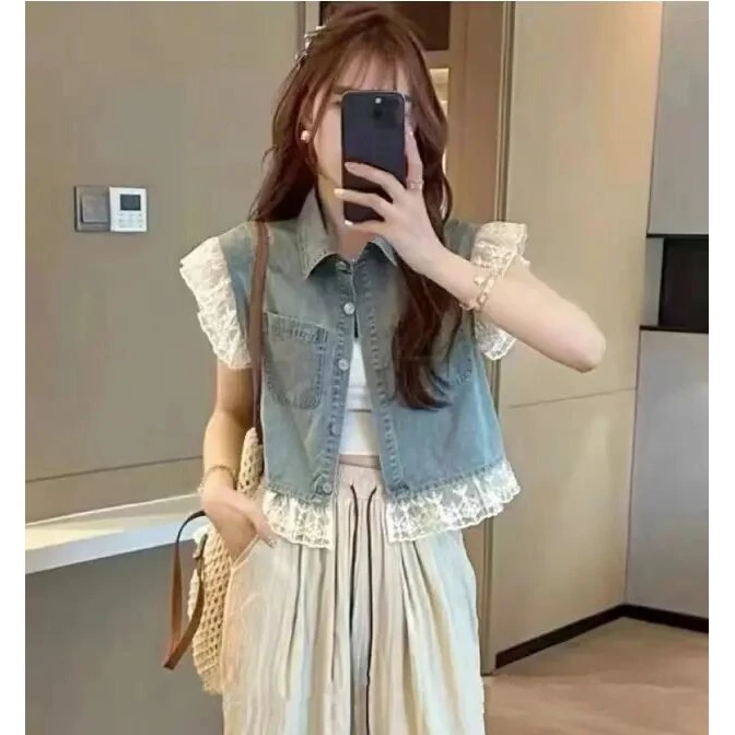简约蕾丝边拼接休闲牛仔短袖衬衣女气质飞袖背心显瘦衬衣女8-51#