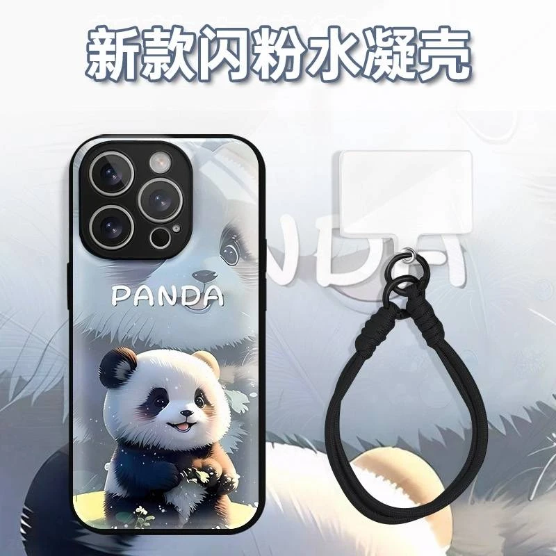 可爱PANDA熊猫水凝玻璃壳适用iPhone苹果16手机壳华为oppo小米viv