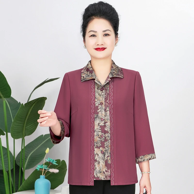 华太太妈妈装宽松大码洋气假两件印花中老年女装奶奶外套中年春秋