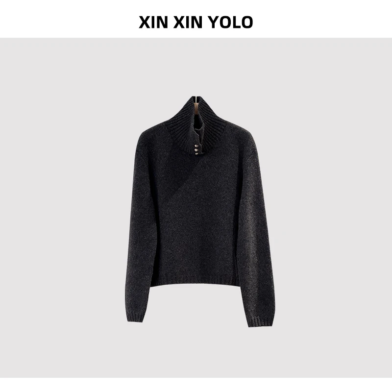 高领半开扣长袖羊毛衫女新款秋冬内搭打底衫上衣0400