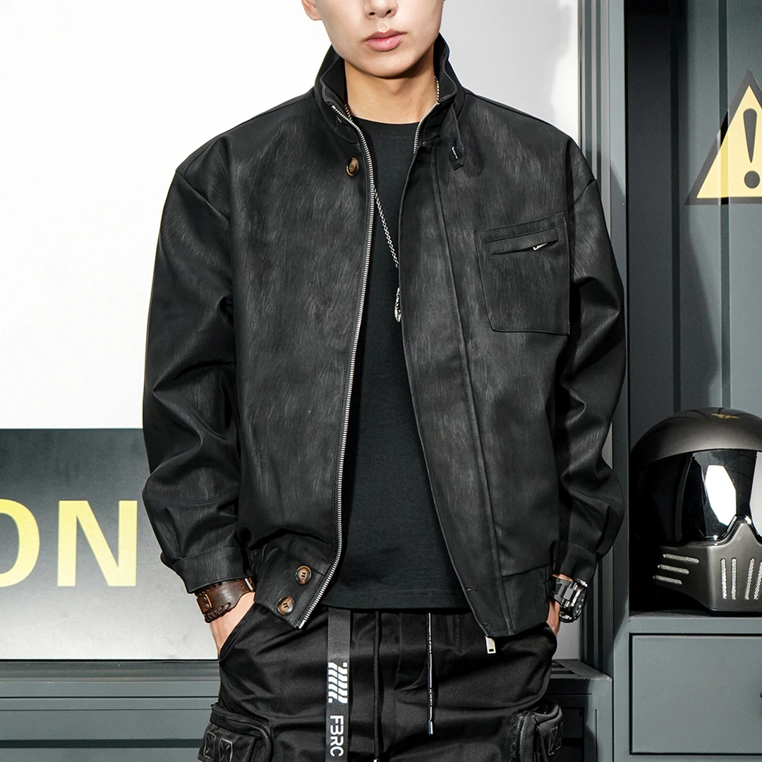 彦正美式复古立领皮衣外套男黑色春秋新款宽松休闲工装皮夹克男装