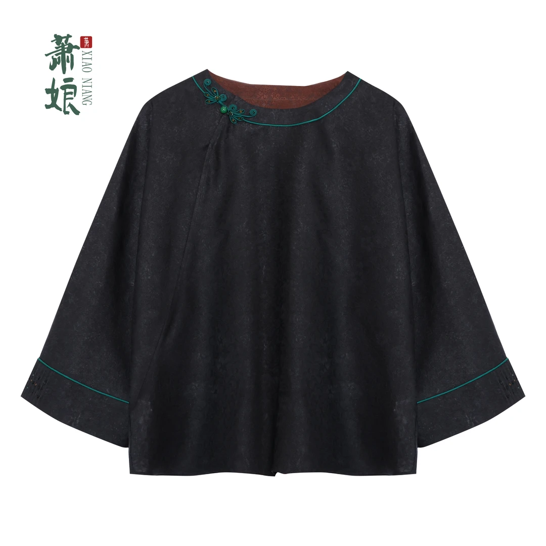 萧娘【青颜】四经绞罗香云纱上衣新中式桑蚕丝圆领长袖国风上衣5092