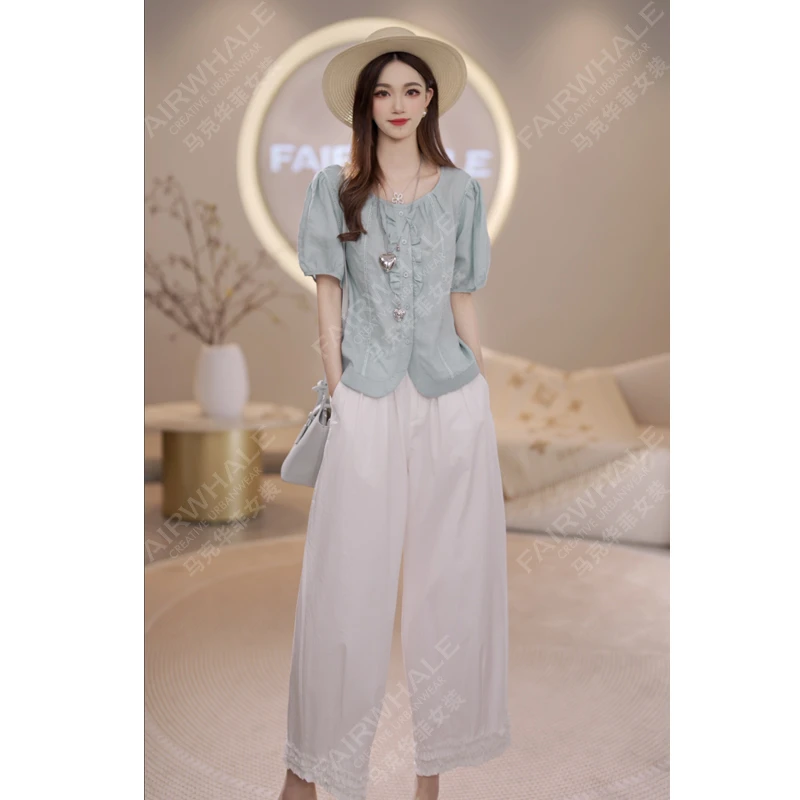 马克华菲女装夏季2025法式减龄显瘦泡泡袖上衣女时尚木耳边衬衫