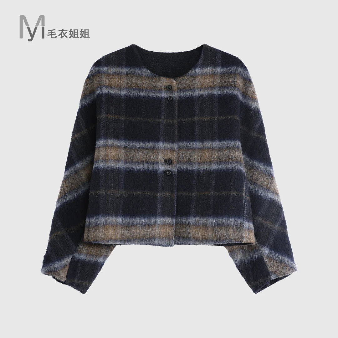 新款圆领小香风格子双面呢毛呢外套女5180-5323