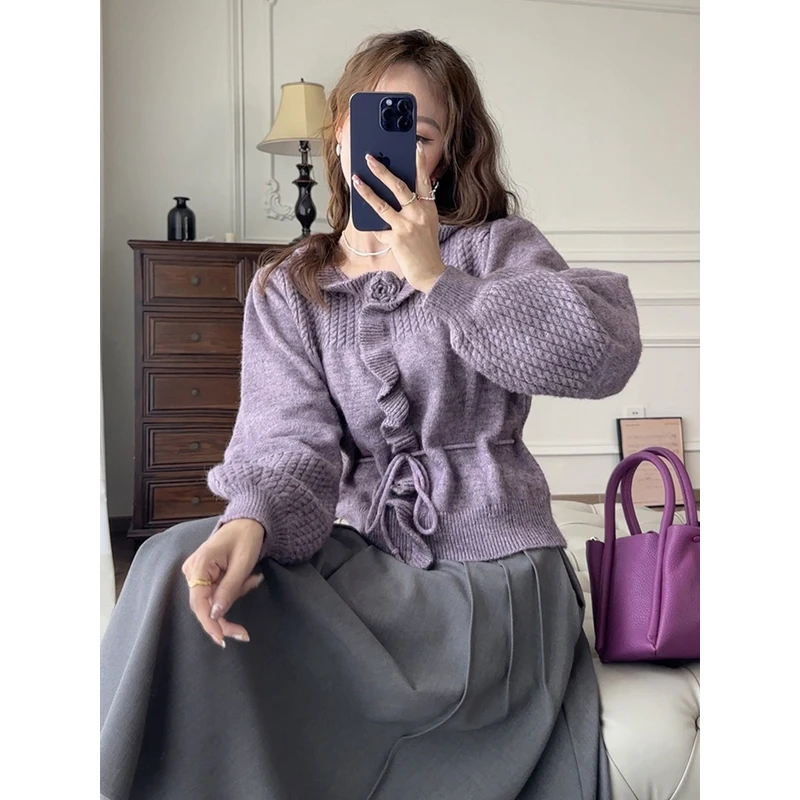 张涩涩 2024秋季新款 纯手工钩花 紫色立体花边领毛衣