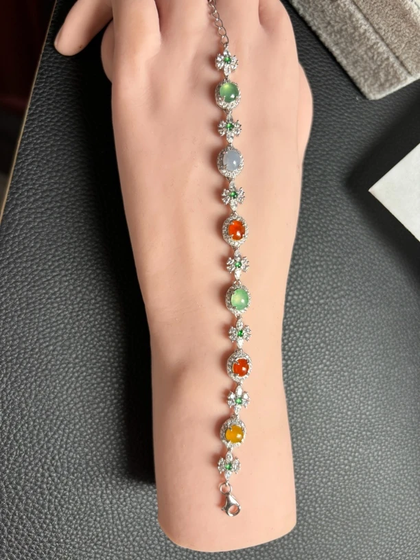 天然缅甸A货翡翠S925银多宝彩色手链镶嵌百搭时尚轻奢