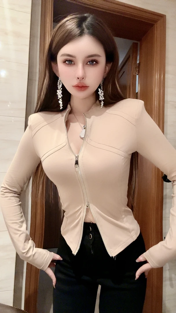 【欧美显胸大】原创设计性感修身拉链垫肩小衫
