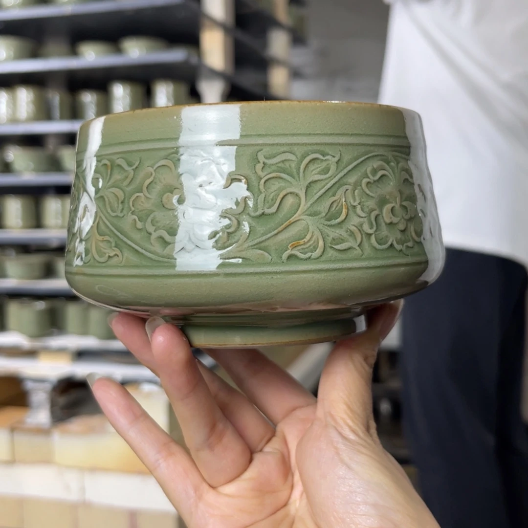 杯王晓娜纯手工秘色暗刻牡丹纹钵➕火照杯垫