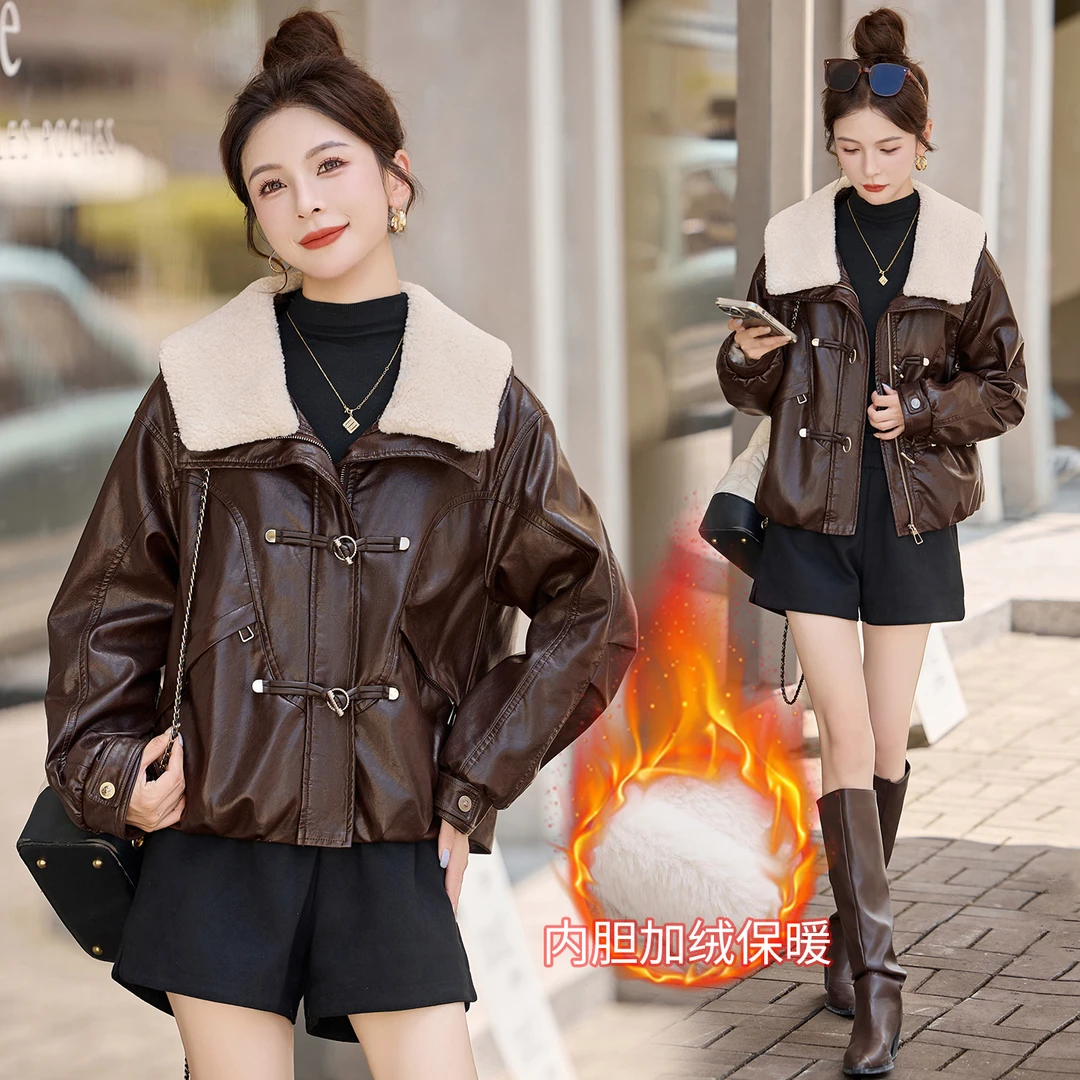 韩系气质加绒加厚皮衣外套女2025冬季新款设计感气质百搭短款上衣