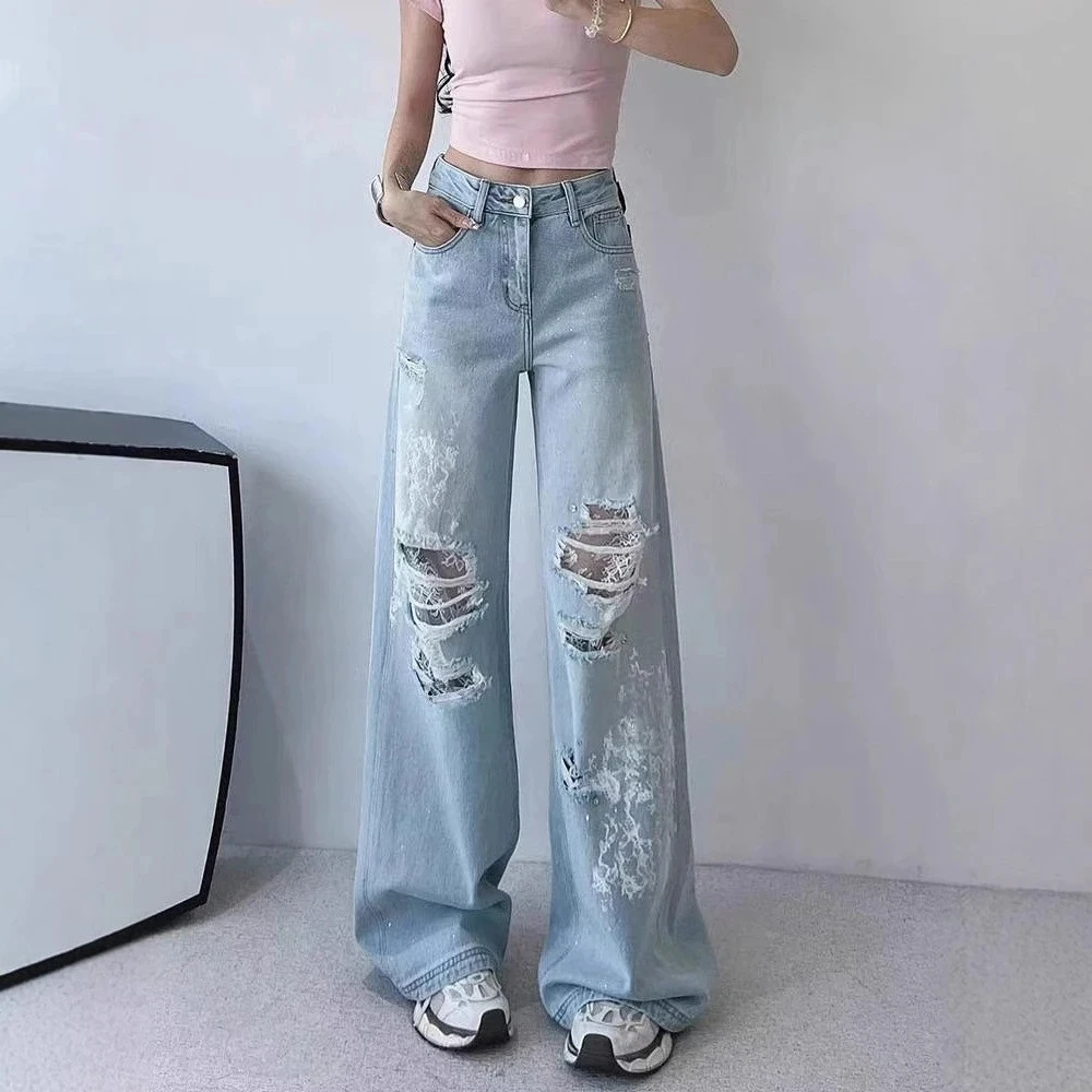 欧货2025春款轻奢重工烫钻高腰直筒裤牛仔裤小众拖地裤破洞裤女