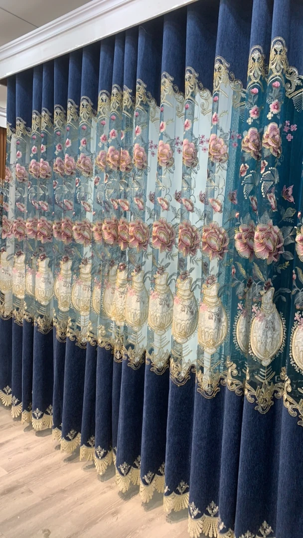 雪尼尔大镂空重工刺绣深蓝色客厅窗帘