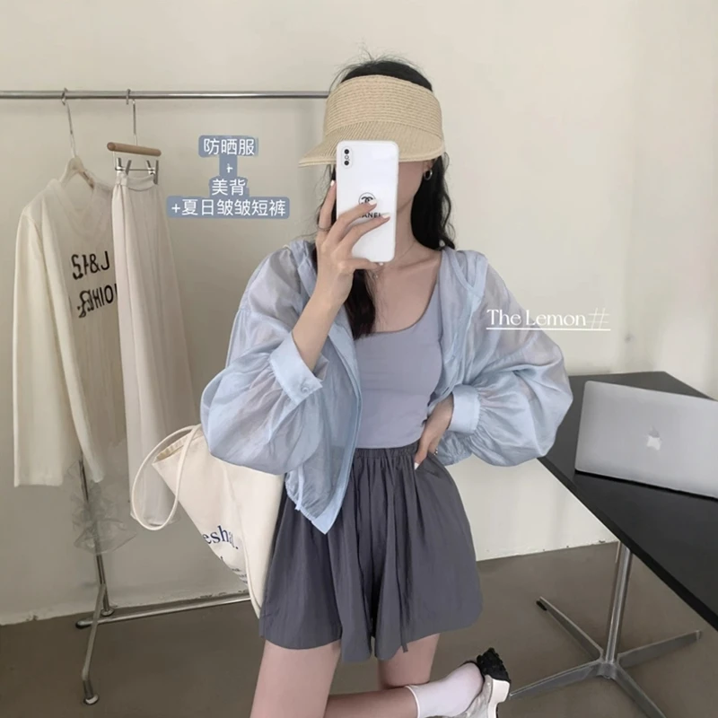 冰丝薄款轻薄上衣防晒衣女薄纱连帽衬衫长袖宽松收腰短款外套小衫