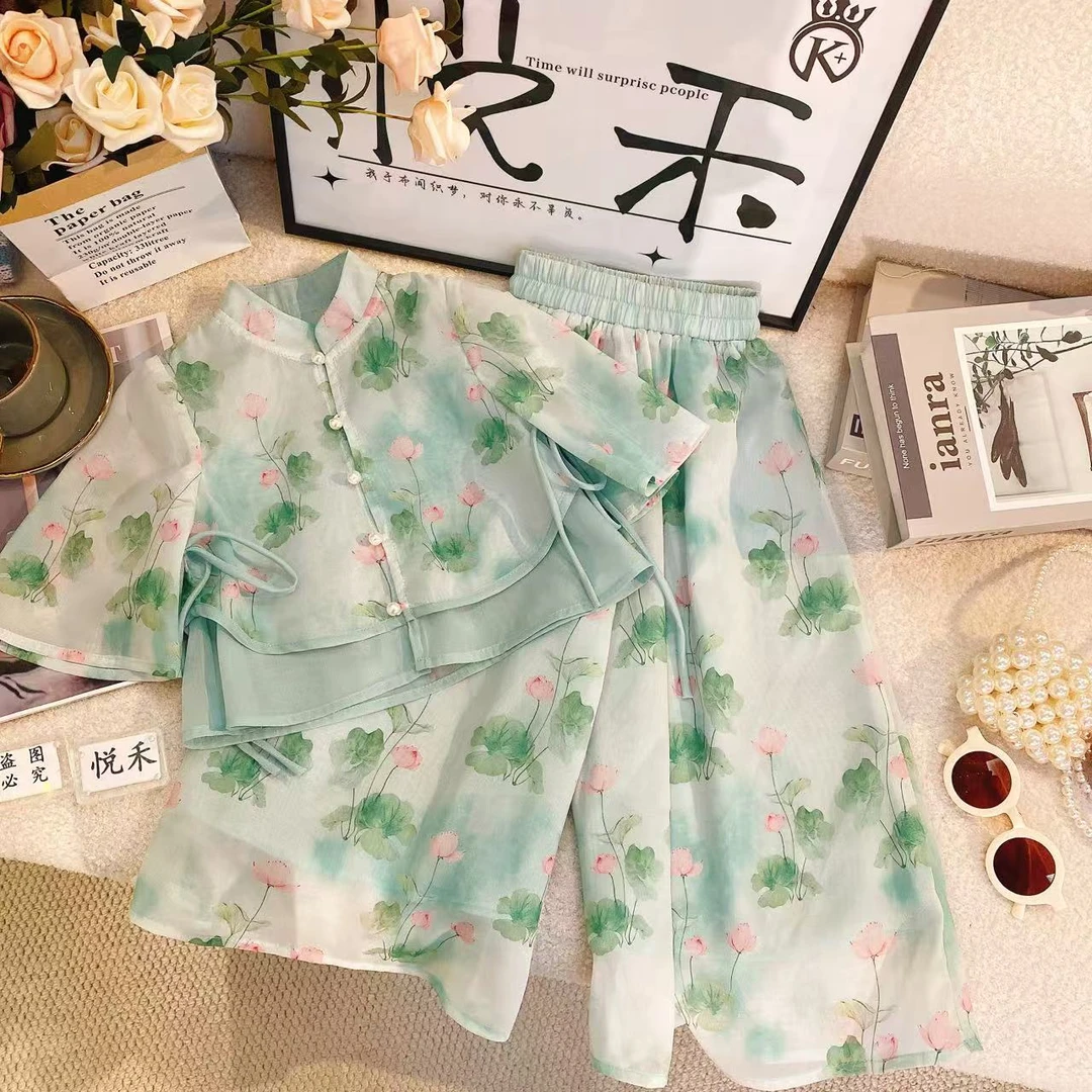 M女童新中式国小飞袖2025夏季绿色飘逸甜美公主长裤套装8783