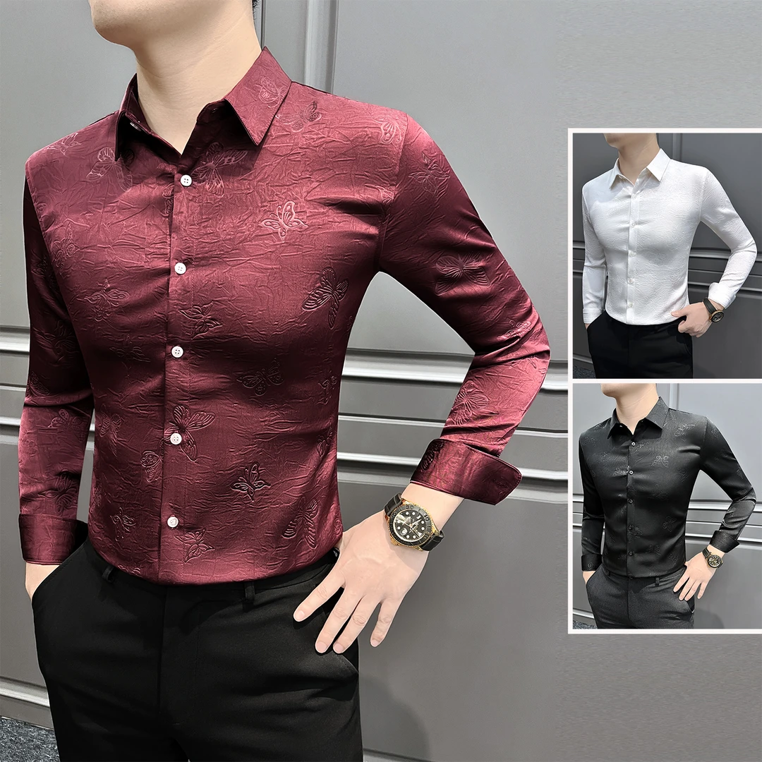 吉伦略索春秋季轻奢潮流欧货男士长袖衬衫蝴蝶压花修身百搭衬衣