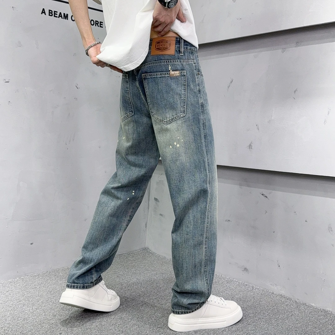 美式复古水洗泼墨直筒牛仔裤男高端冬季加绒宽松百搭痞帅阔腿长裤