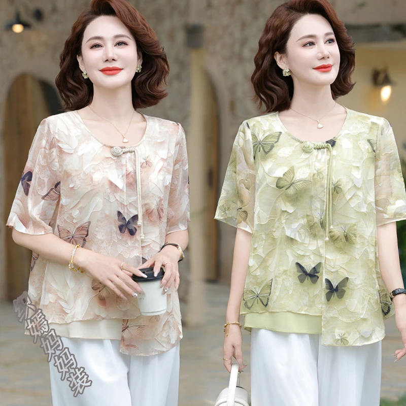 母亲节妈妈夏雪纺洋气短袖小衫2025新款中老年女装遮肚显瘦上衣