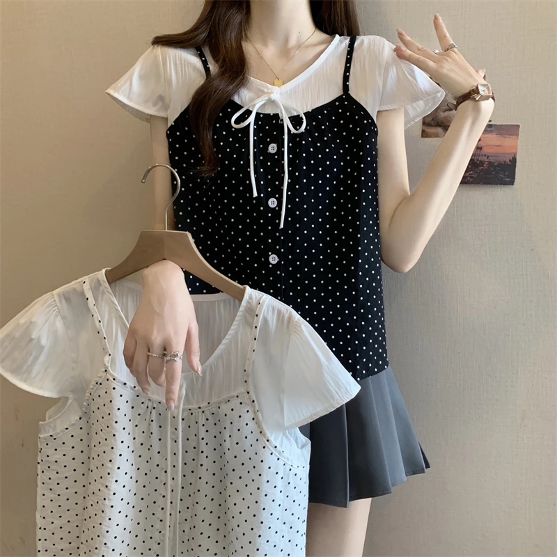 夏季舒适2025新款减龄波点拼接假两件上衣