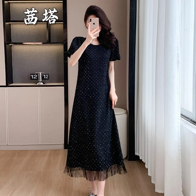 欧洲站高级感烫钻流苏气质连衣裙女2025夏季新款时尚减龄A字裙潮