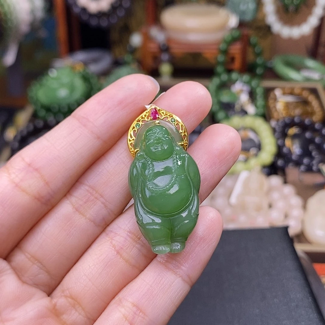 和田玉未镶嵌颈饰碧玉逍遥佛18.K金天花板
