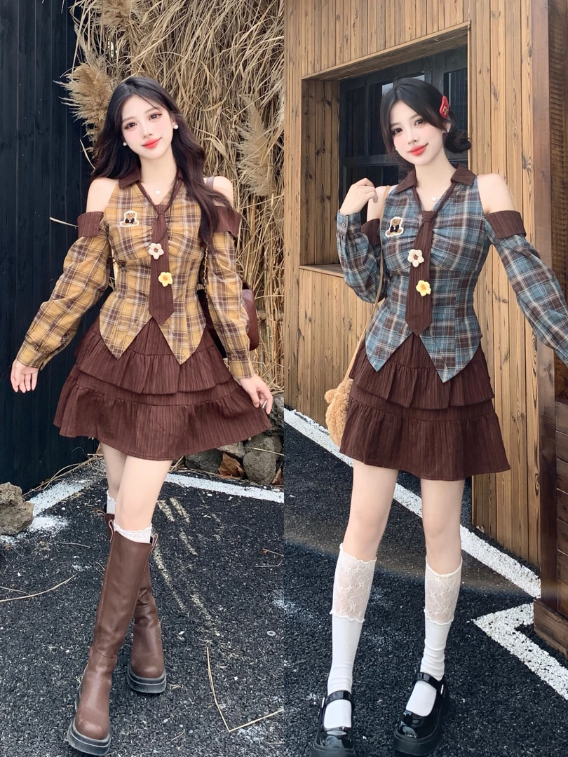 大码焦糖布丁美式复古露肩格子上衣早秋高腰a字短裙两件套套装650