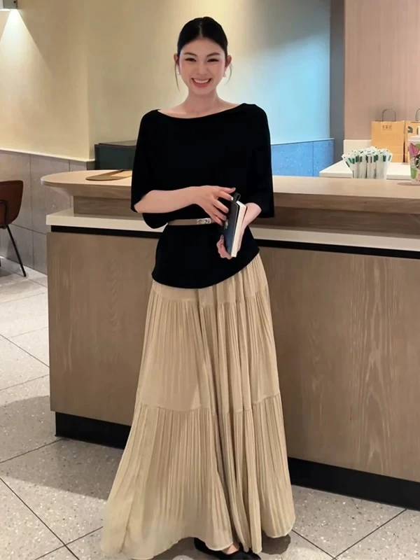 【嘎嘎推荐】法式高级气质温柔斜肩收腰上衣半身裙两件套（送腰带）