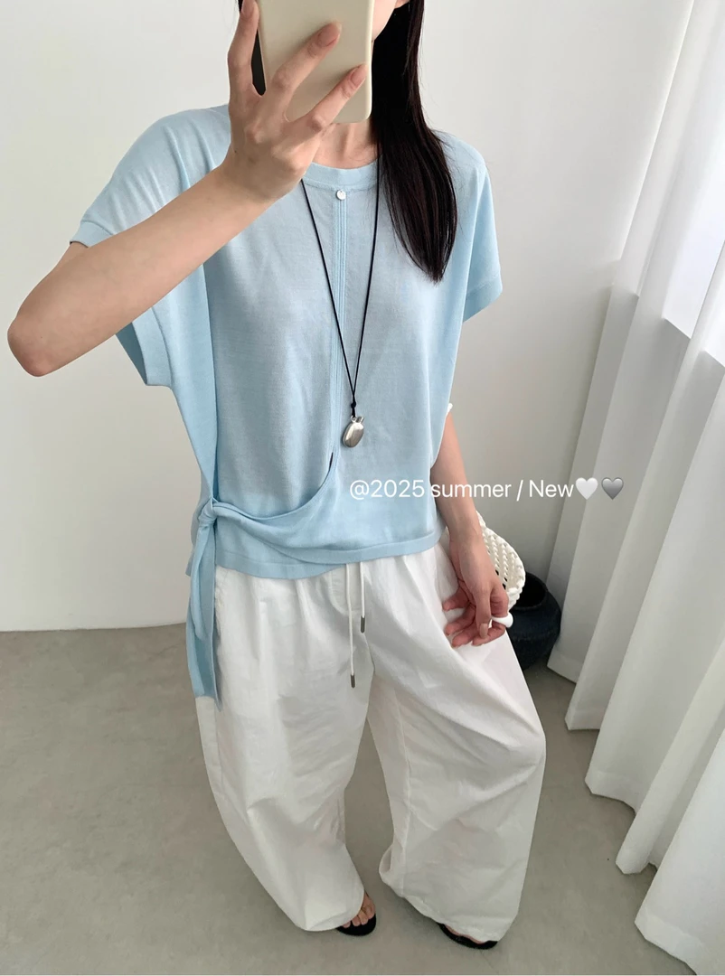 韩版短款时尚绑带新潮风T恤夏季圆领短袖【工厂直发】