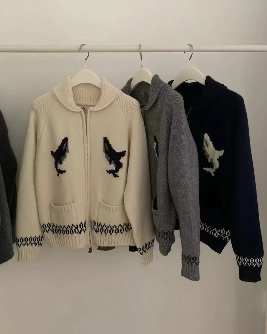 特 小海豚双口袋加厚双头拉链毛衣开衫外套