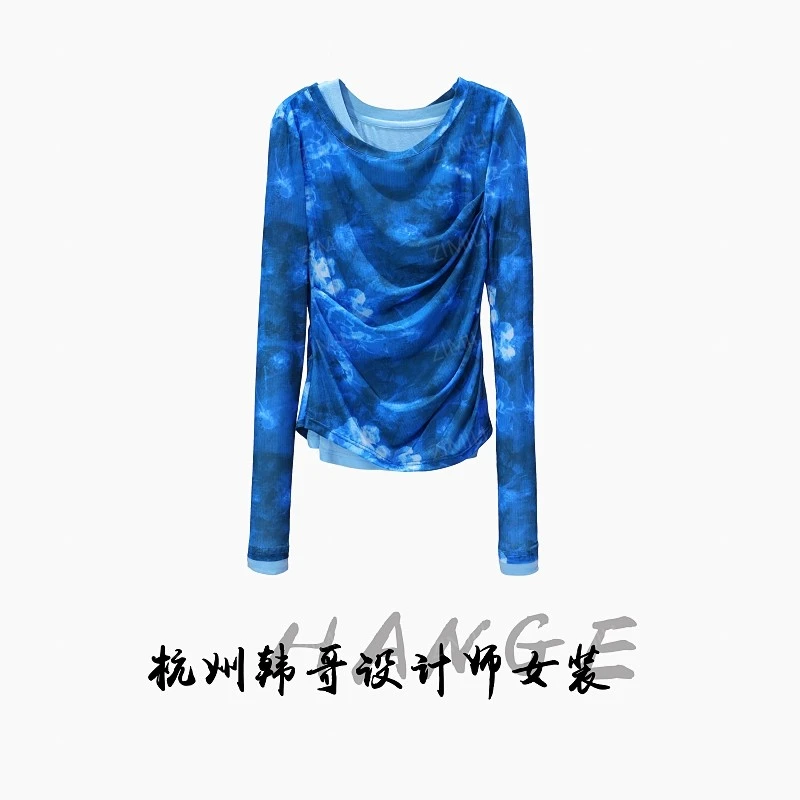 【韩哥女装】2025欧版新品设计师蓝色假两件高弹打底上衣6701-K7
