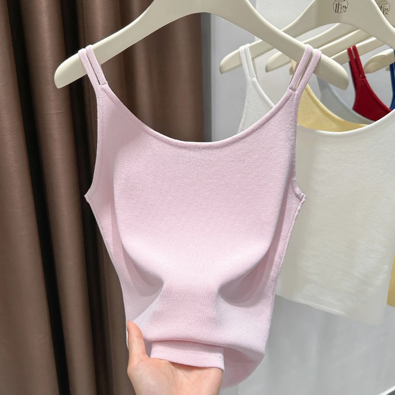 粉色甜辣针织无袖吊带小背心女款坎肩轻薄外穿防走光贴身运动上衣
