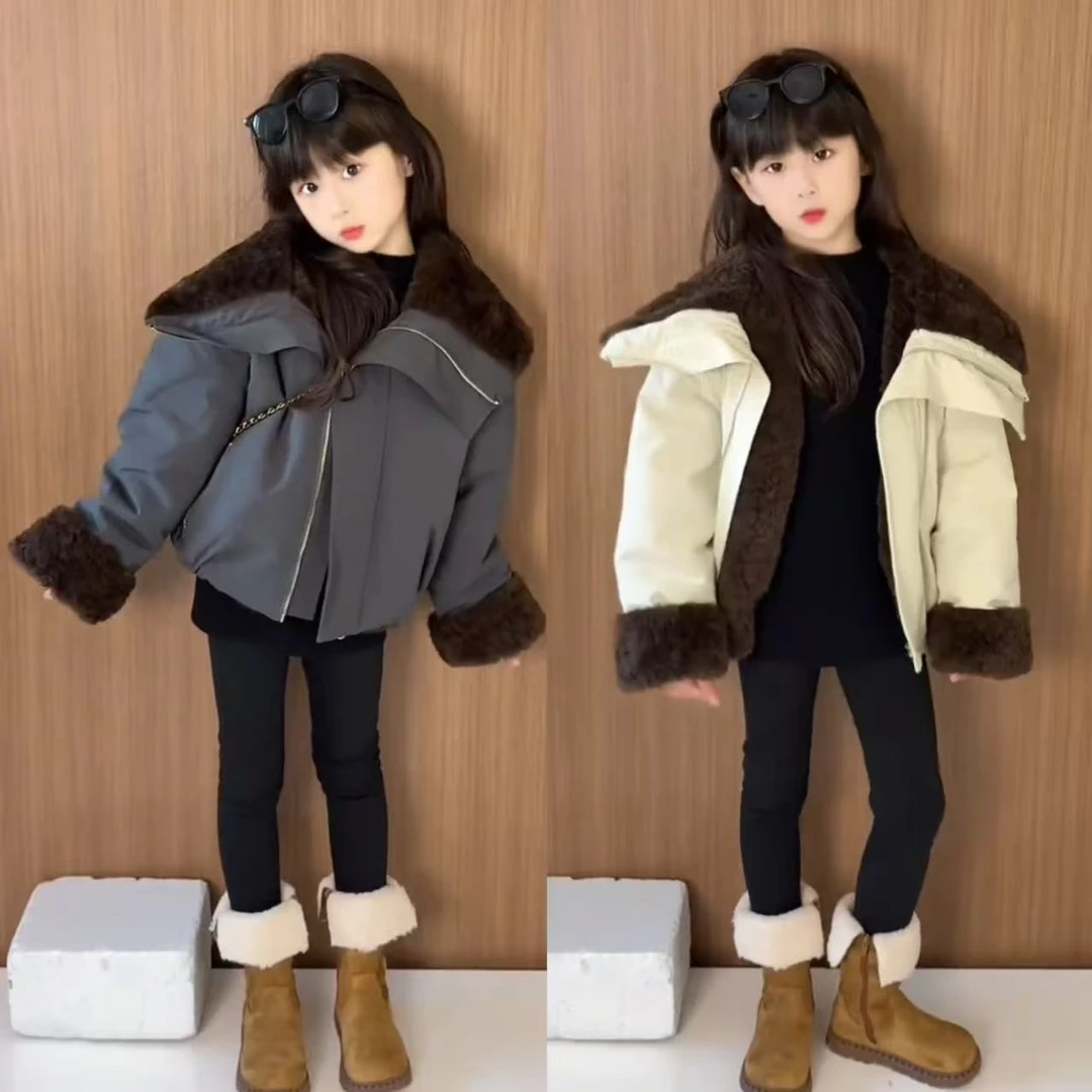 韩系羊羔毛大翻领加厚保暖外套女童2025冬季新品洋气上衣派克服潮
