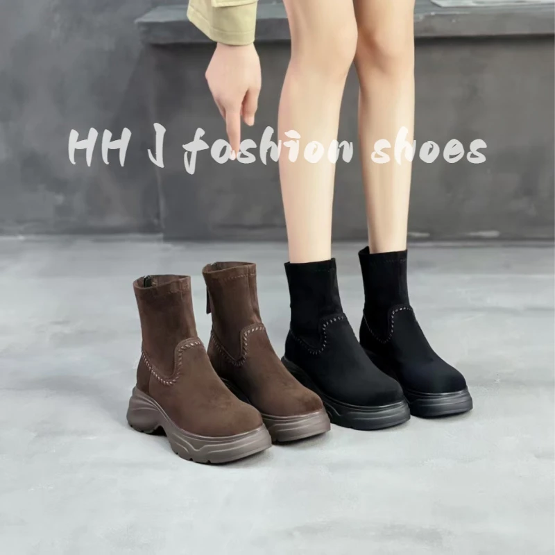 欧洲站时尚厚底增高短靴子2025新款爆款冬季弹力靴女士瘦瘦时装靴