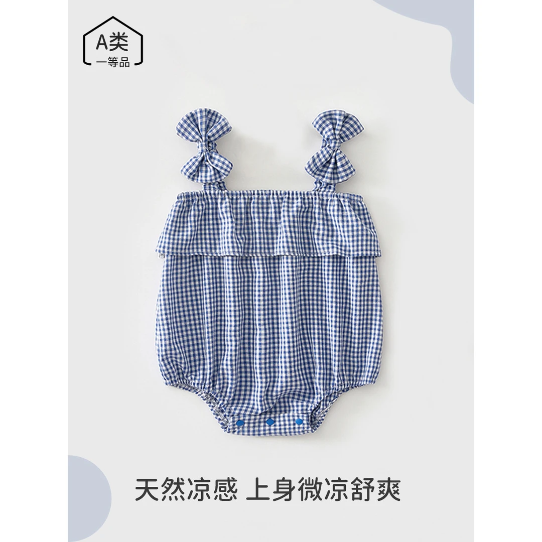 女宝宝包屁衣夏季格子蝴蝶结三角爬哈衣夏款小公主外出婴儿衣服