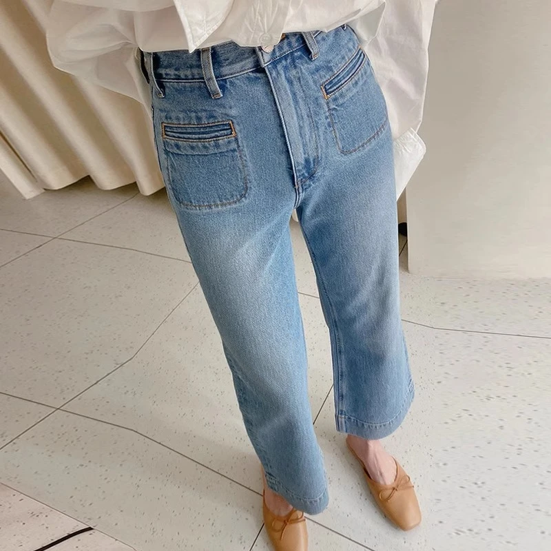 大码浅蓝色遮肉微喇牛仔裤女夏季薄款梨形身材高腰显瘦九分喇叭裤