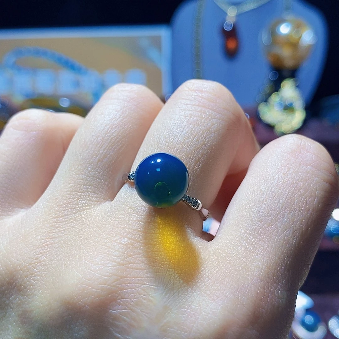 蓝珀银S925镶嵌戒指10m高蓝净水竹节款