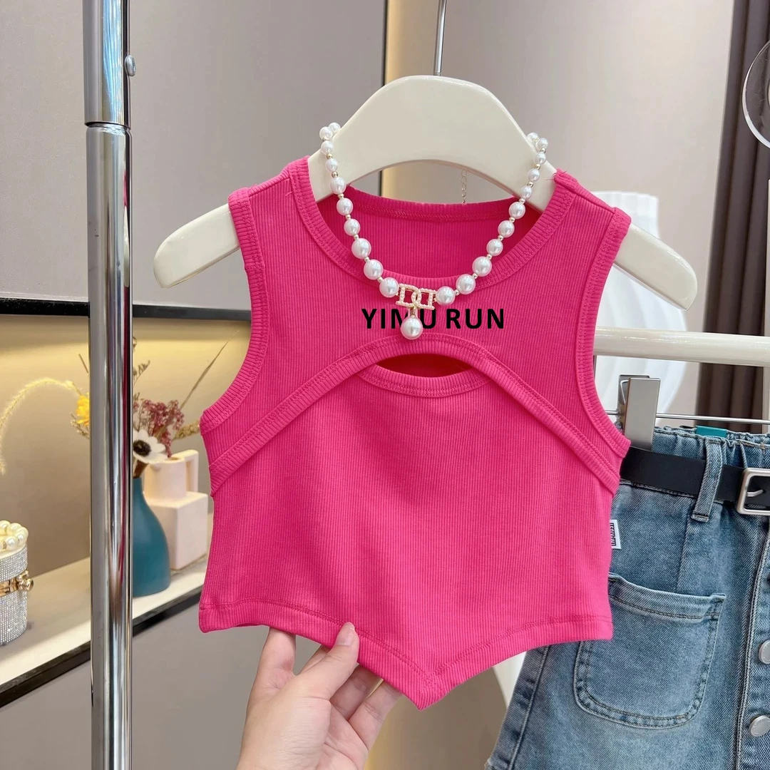 夏季2025女童新款不规则背心韩版洋气儿童镂空设计感纯棉无袖背心